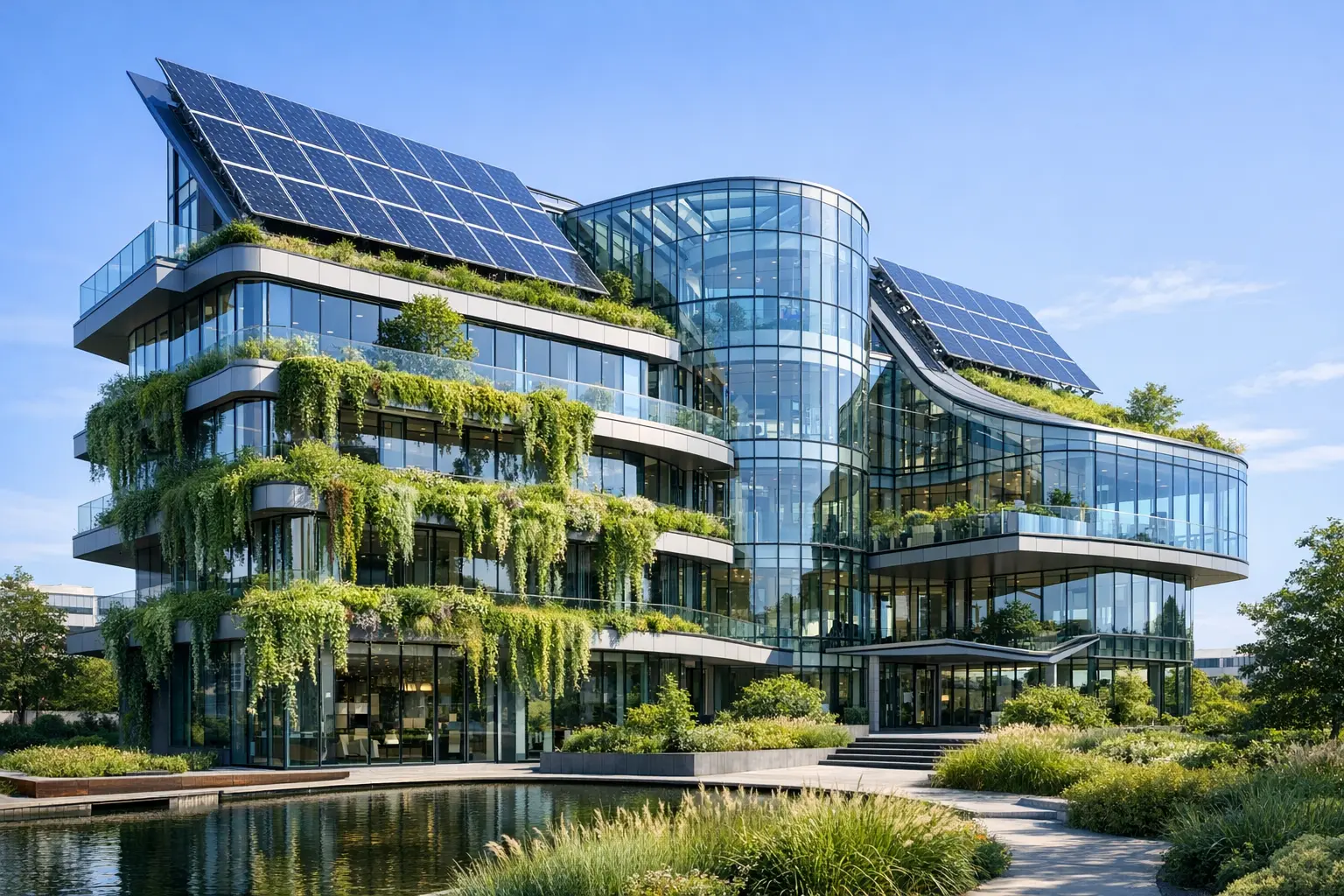 Nachhaltige Architektur der Zukunft mit Solarpanels und begrünter Fassade