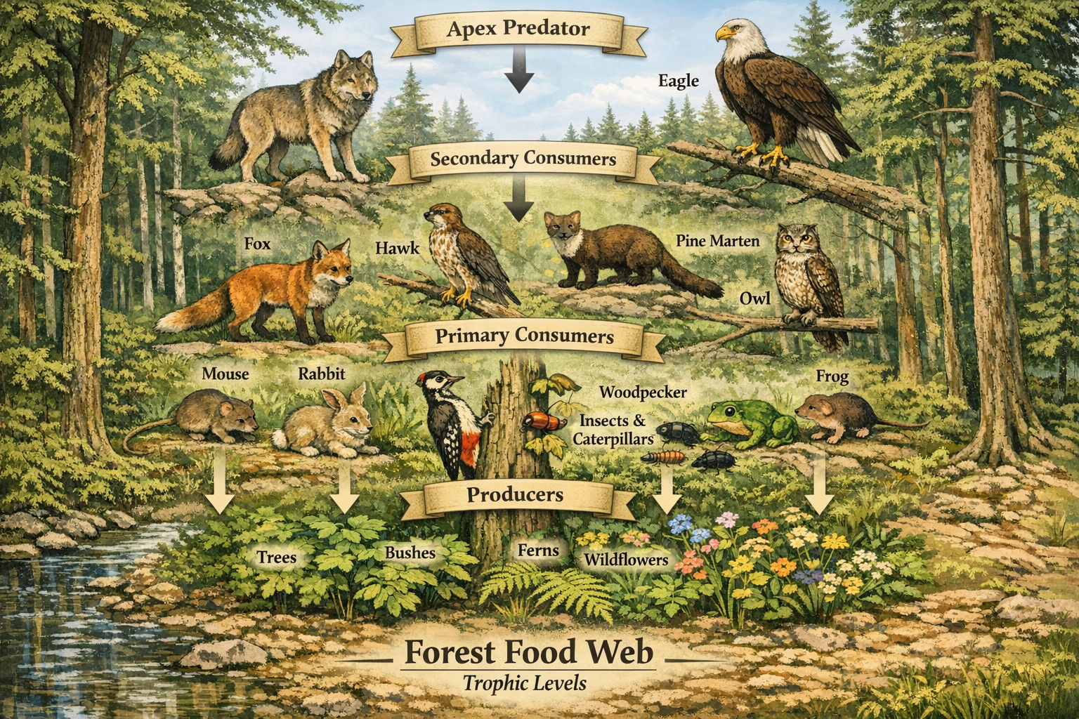 Visualisierung von Nahrungsbeziehungen und trophischen Ebenen im Waldökosystem