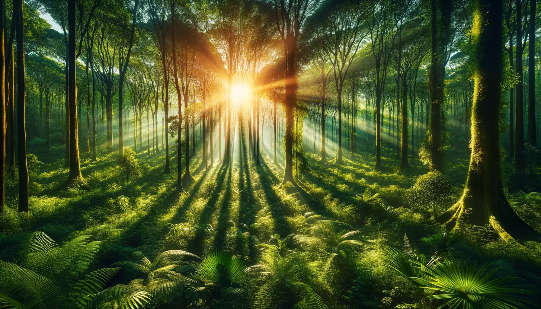 Grüner Wald mit Sonnenstrahlen, Symbol für Umwelt und Klima Schutz