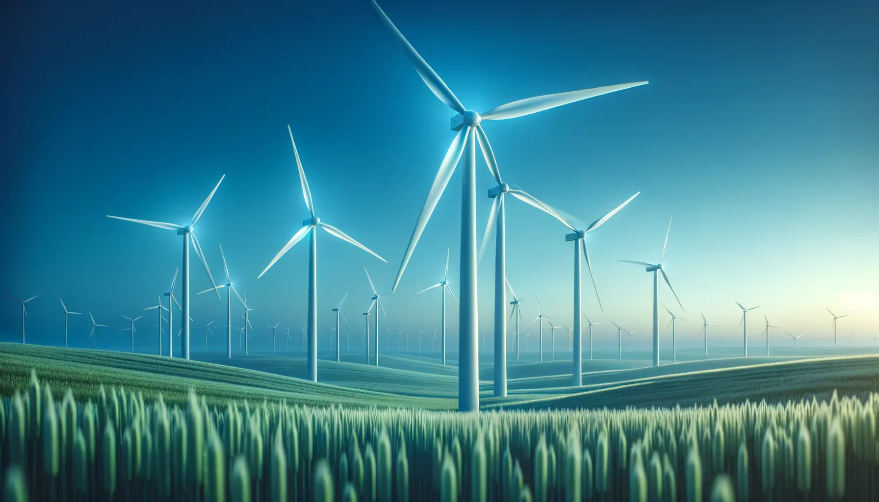 Moderne Windräder vor blauem Himmel, grüne Technologien für Umwelt und Klima