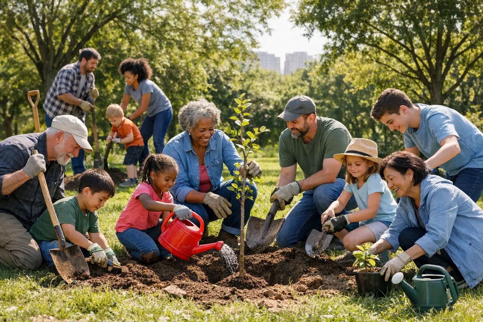 Menschen pflanzen Bäume gemeinsam - Naturverantwortung